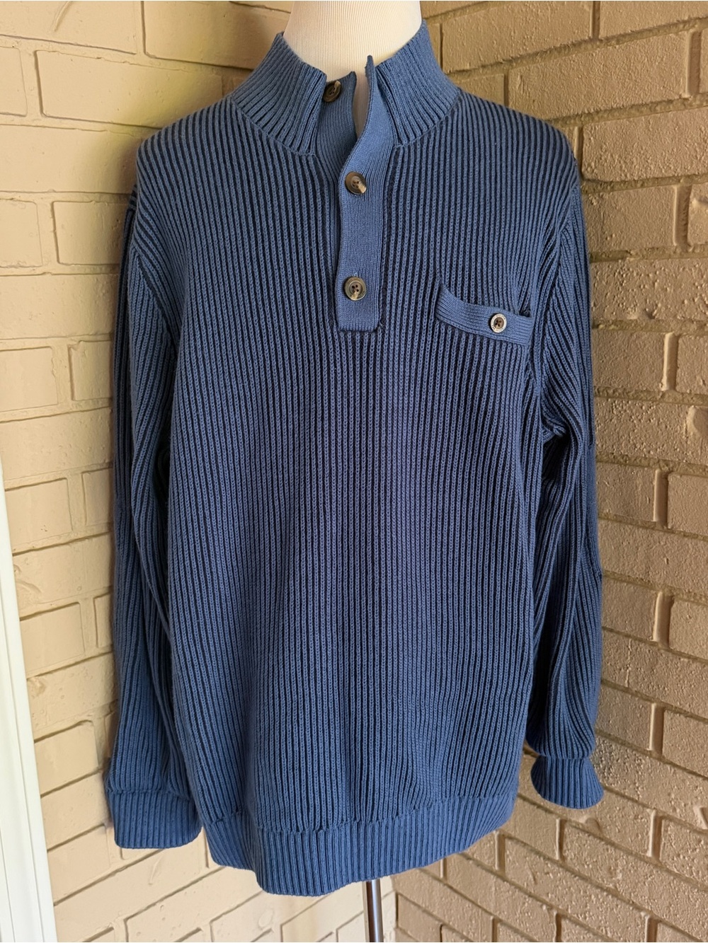 Duluth Trading Men’s 3XL Brigadier Button Mock Sweater Blue Cotton Wool Cabin